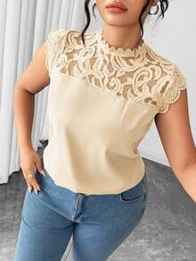 Elenzga Plus Size Women's Peach Summer Elegant Office Lace Patchwork T-Shirt,Round Neck Flare Cap Sleeve Blouse,Slim Fit Fashion Versatile Top For Outing - Apricot - View 1