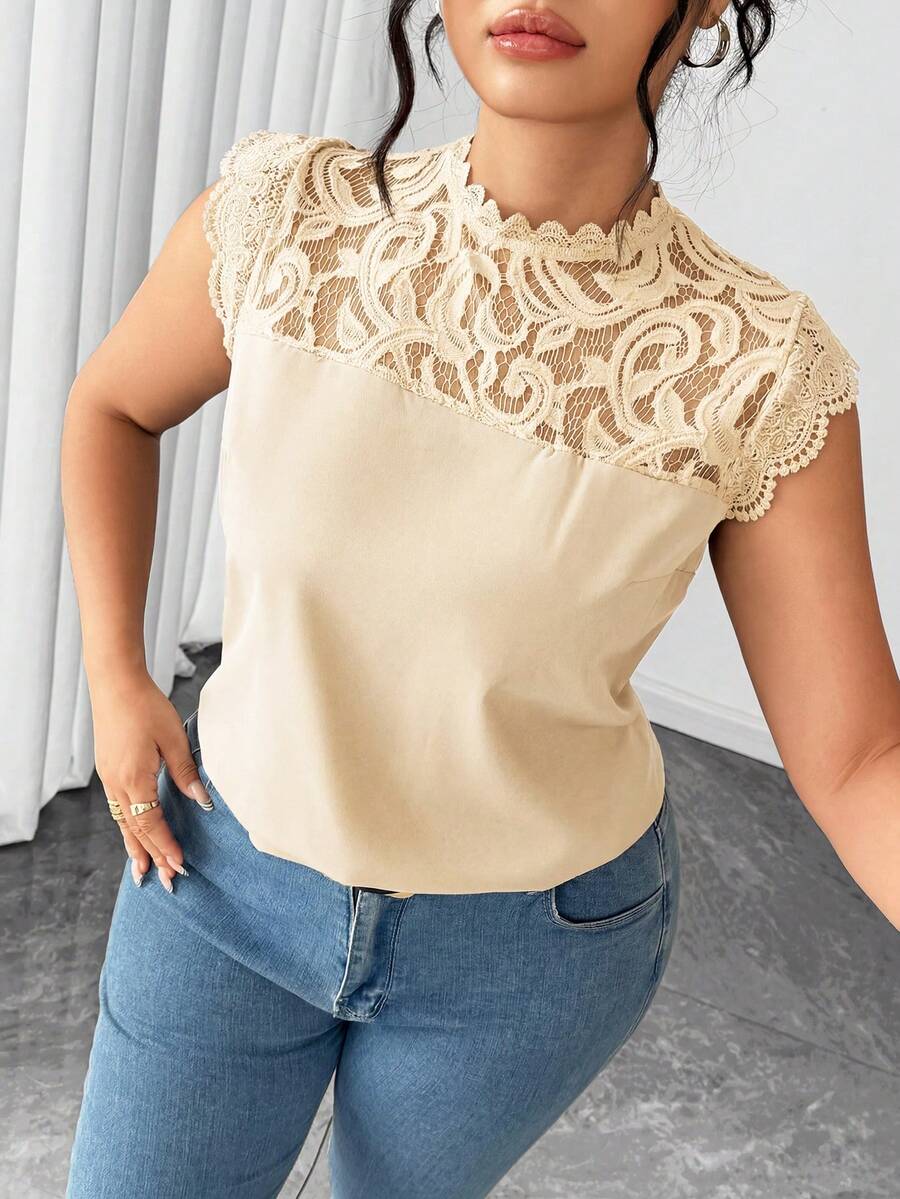 Elenzga Plus Size Women's Peach Summer Elegant Office Lace Patchwork T-Shirt,Round Neck Flare Cap Sleeve Blouse,Slim Fit Fashion Versatile Top For Outing - Apricot - View 1