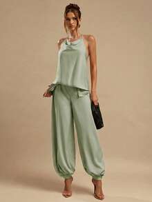 SHEIN BAE Solid Satin Elegant Lantern Pants For Women, Ginger Yellow, Suitable For Going Out, Brunch, Summer, Weddings, Honeymoon, Beach - Mint Green - View 2