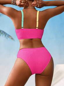 Swim Vcay Women's V-Neck Textured Striped Tankini Swimwear Set - Multicolor - View 2