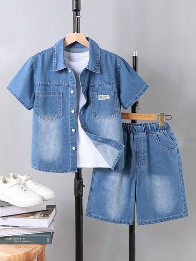 Conjunto de vaqueros para adolescentes, nueva llegada de verano, ropa casual de calle, color azul claro, adecuado para vacaciones de verano, festivales de música, camisa de manga corta y pantalones cortos de 5 pulgadas, tela vaquera lavada, corte recto suelto, cómodo algodón suave, conjunto de moda para uso diario, vacaciones, festivales de música