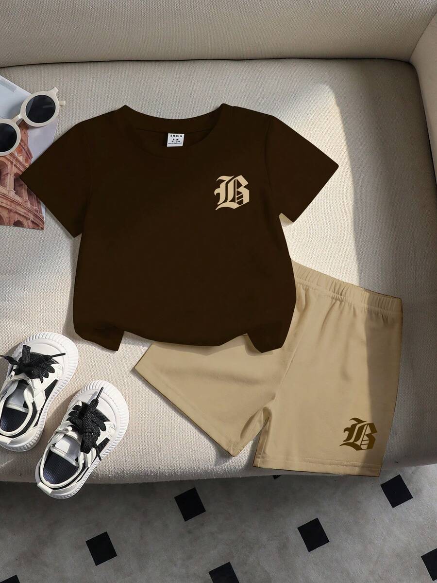 一套男童休闲简约字母印花圆领短袖T恤和配套短裤，春夏装扮 - 彩色 - 查看 1