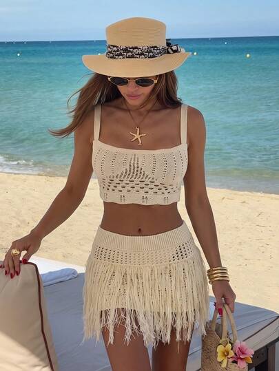 SHEIN Set de plajă cu top scurt și fustă mini, croșetat, cu franjuri