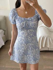 SHEIN Vestido mini de manga abullonada con cuello de lazo y estampado floral de color azul marino, adecuado para verano, fiesta, vacaciones y atuendo casual de - Azul - Ver 3