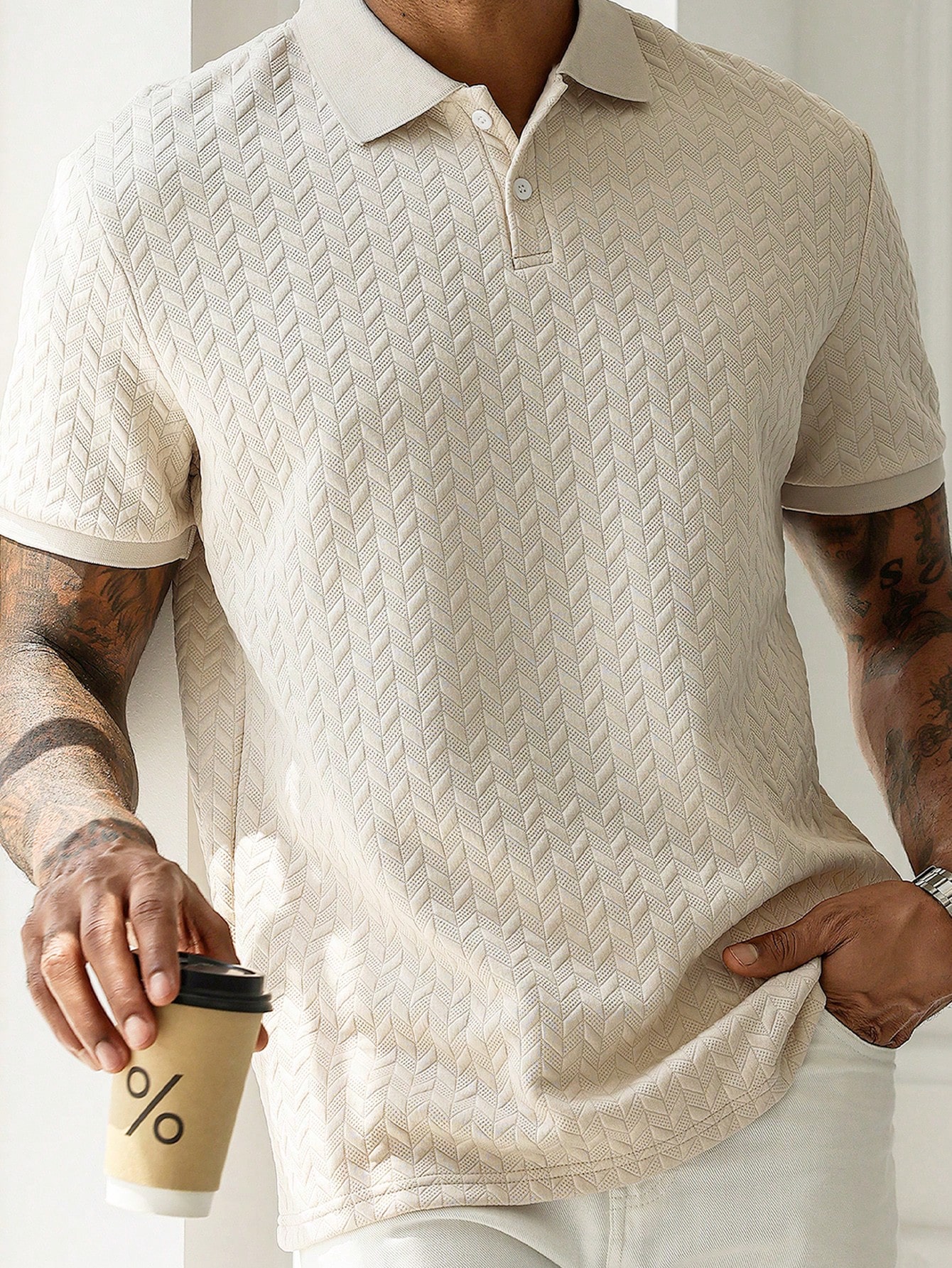Hueform Men’S Beige Geometric Diamond Textured Jacquard Knit Short Sleeve Polo