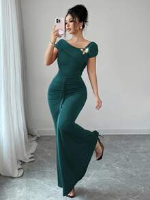 Modelyn 不对称金属扣装饰褶皱修身优雅女式连衣裙 - 墨綠色 - 查看 7