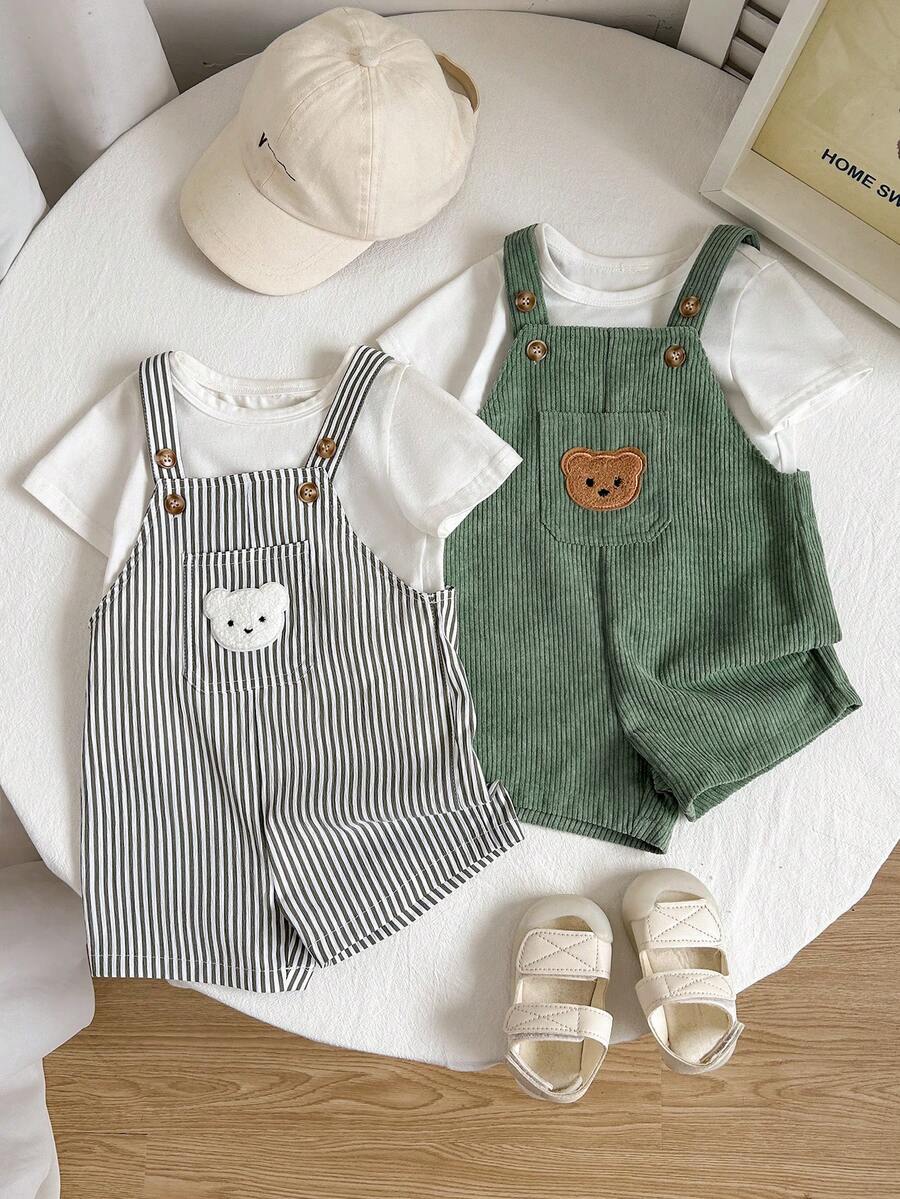 SHEIN Setelan Bayi Unisex 2pcs/Set Baju Terusan Pendek Bergaris Motif Beruang Lucu dengan Tali Bahu yang Dapat Diatur, Pakaian Bayi Laki-laki/Perempuan Musim Semi/Panas - MultiWarna - View 1