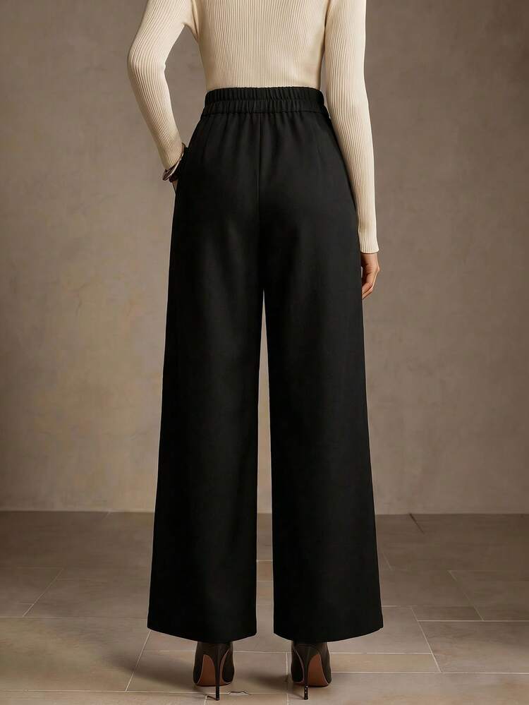 WOMEN'S SPRING/SUMMER FOLD PLEATED DECORATED BUTTON ACCENT FASHIONABLE VERSATILE WIDE LEG PANTS