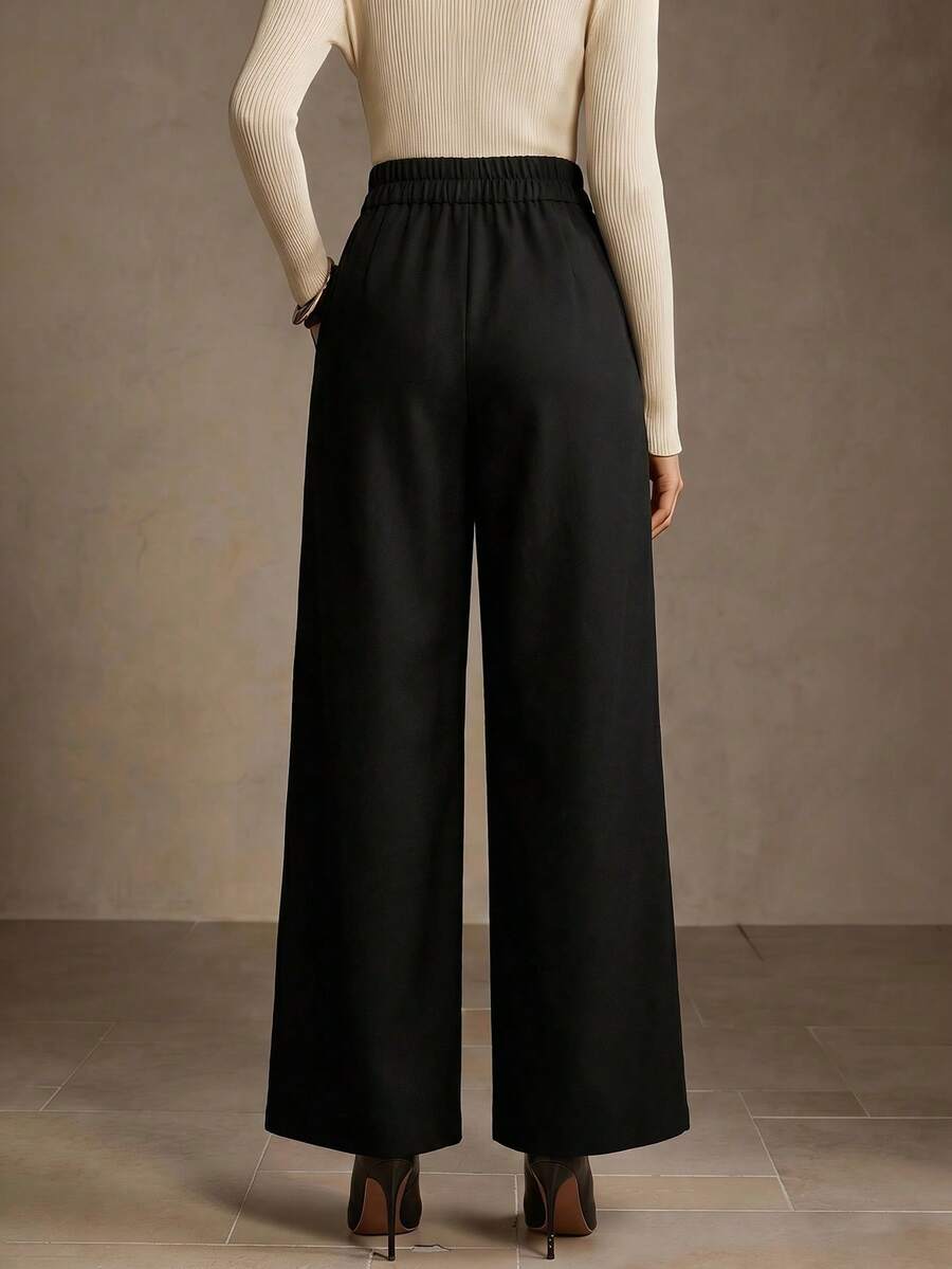 MOTF Petite WOMEN'S SPRING/SUMMER FOLD PLEATED DECORATED BUTTON ACCENT FASHIONABLE VERSATILE WIDE LEG PANTS - Black - View 2
