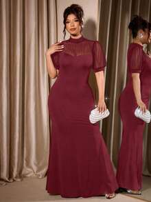 Cravure Plus Size Knit Short Sleeve Elegant Vintage Mesh Dress, Burgundy Evening Formal Summer - Burgundy - View 5