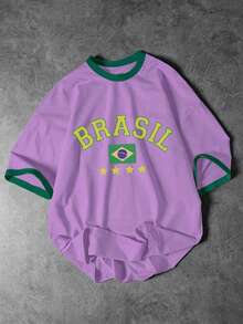 Manfinity RSRT Men's Manfinity Hypemode Purple And Yellow Summer Streetwear Holiday Vacation Holiday Brazil Football Sports & Letter Print Patchwork T-Shirt - Multicolor - View 2