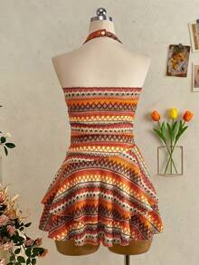 Elegant Yellow Textured Off-Shoulder Ruched Front Metal Decor Layered Ruffle Hem Mini Dress For Teen Girls,Spring/Summer Blue,Summer,Beach,Holiday - Orange - View 2