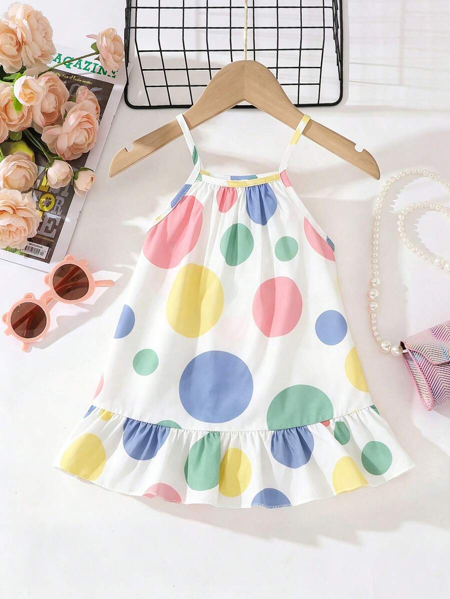SHEIN Playful Pals 女嬰白色圓點夏季可愛度假洋裝 彩色細肩帶荷葉邊下擺 幼童休閒海灘度假簡約太陽裙 - 彩色 - 查看 1