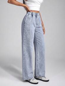 SHEIN Jeanoir 女士弹力腰阔腿宽松休闲牛仔裤 - 灰色 - 查看 4