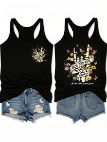 Áo tank top hai dây kiểu dáng tối giản, họa tiết hoa và đầu lâu, thích hợp cho mùa hè, cỡ lớn. - màu đen - Xem 1