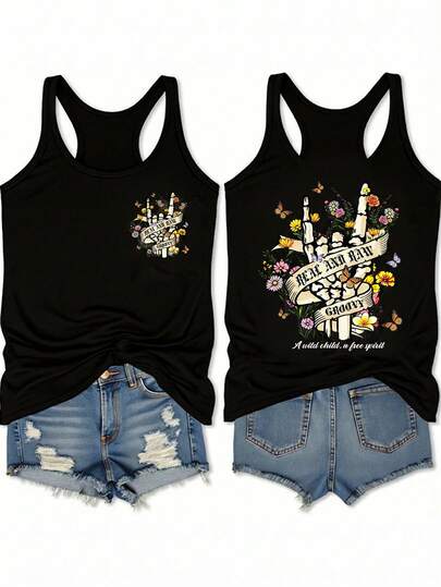EMERY ROSE Floral & Skull Print Casual Minimalist Camisole Tank Top, Suitable For Summer, Plus Size