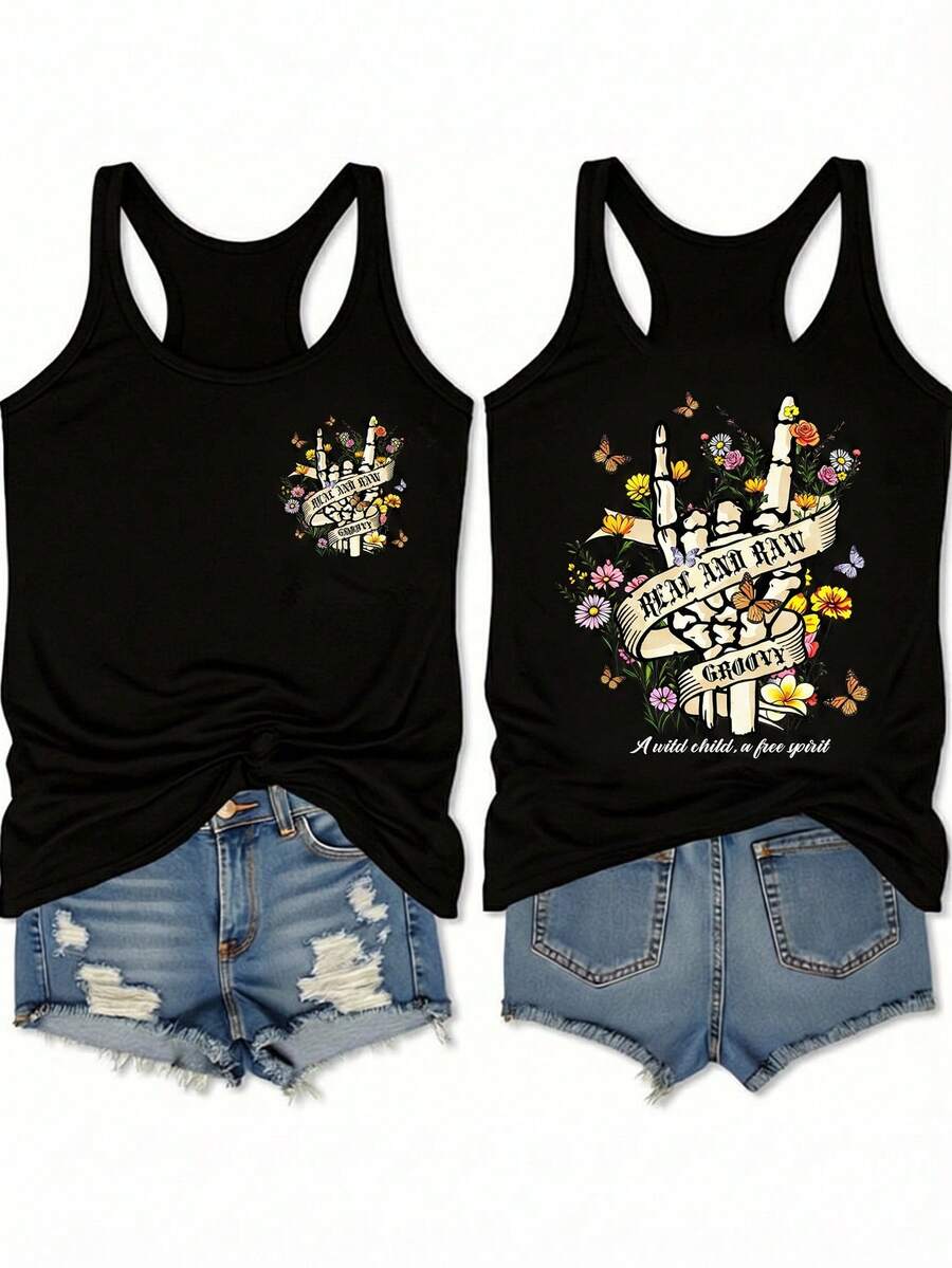 Áo tank top hai dây kiểu dáng tối giản, họa tiết hoa và đầu lâu, thích hợp cho mùa hè, cỡ lớn. - màu đen - Xem 1