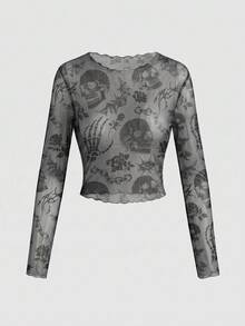 ROMWE Grunge Punk Punk Skull Rose Sexy Mesh Sheer Long Sleeve Blouse For Women - Black - View 1