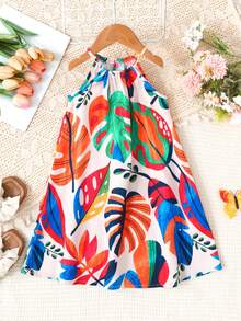 SHEIN Kids Young Girl Young Girl Vacation Casual Fashionable Woven Tropical Flower Print Halter Neck Dress - Apricot - View 2