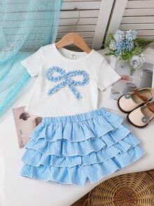 Emery Rose Kids Emery Rose Kids 两件套女童针织纯色圆领荷叶边蝴蝶结休闲T恤和梭织条纹荷叶边短裤套装 - 藍白色 - 查看 2