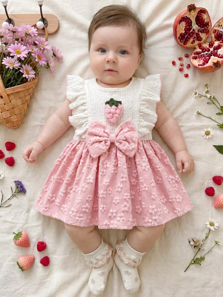Vintaside Kids Abito da neonata bianco senza maniche con colletto in pizzo, patchwork rosa con fiocco, nuovo, elegante, retrò, carino e comodo