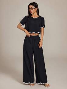 SHEIN PETITE 2件組女款對比色蕾絲飾邊短袖上衣與寬腿褲套裝，黑白格紋夏季波西米亞風度假休閒穿搭，適合嬌小身型女性 - 黑色 - 查看 7