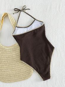 na pieza para mujer, de color marrón oscuro con textura y ribete de ganchillo beige, con cuello halter, espalda con lazos y corte alto, estilo vintage para playa y resort, primavera y Pascua - Marrón - Ver 5