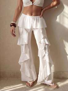 SHEIN ICON Women's Chiffon Trousers,White Summer Boho Beach Vacation Holiday,Sophisticated Elegant Western Bohemian Style,Upgraded Texture Perfect For Parties - White - View 6