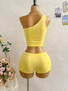 Soleia Conjunto de dos piezas de punto elástico ajustado con decoración de hebilla metálica, estilo Y2K, sexy y casual, para vacaciones de verano. Adecuado para varias ocasiones y atuendos, incluyendo vacaciones, fiestas, citas, carnavales, tardes de té, playas, cruceros, viajes a la ciudad y festivales de música. - Amarillo - Ver 4