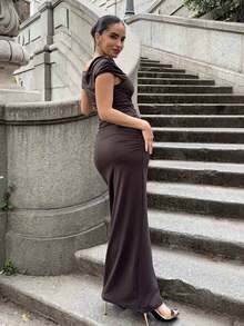 Marta Soriano 不对称褶皱斜肩上衣和高开叉褶皱低腰裙夏季套装，女装，粉色，女士优雅不对称，褶皱，开叉大腿无袖修身咖啡棕色蝙蝠袖裙女两件套服装，春夏，休闲日常穿着 - 咖啡棕 - 查看 3