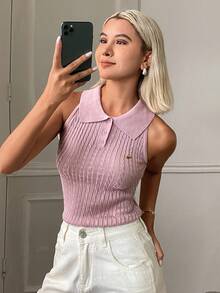 DAZY Women's Solid Color Fitted Cropped Sleeveless Collared Tank Top With Metal Logo, Casual Sexy Summer Knit Blouse Back-To-School Golf Lilac - Pink - View 6
