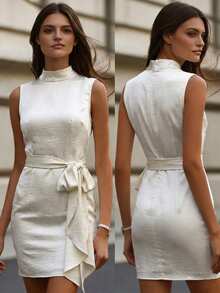 Vestido mini de fiesta de moda con cuello anudado de unicolor para mujer - Albaricoque - Ver 3