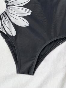 SHEIN 女童碎花印花连体泳衣，饰有3D立体花朵 - 黑與白 - 查看 4