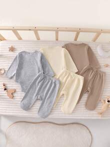 6pcs/Set Newborn Baby Boys/Girls Solid Color Soft Knit Round Neck Long Sleeve Top And Elastic Waist Pants Set, Comfortable Soft Fabric - Multicolor - View 2
