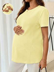 SHEIN Maternity Solid Color Round Neck Nursing Casual Versatile Daily Wear Top - Yellow - View 4
