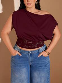 SHEIN BAE Plus Size Women's Spring/Summer Black Knit Lace Patchwork Asymmetric Off-Shoulder Exposed Shoulder Blouse, Sexy Vacation Top - Burgundy - View 2