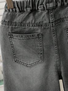 青少年男童夏季弹力腰带抽绳休闲水洗蓝直筒宽松牛仔百慕大短裤，适合度假、日常穿着、上学、通勤、聚会、居家、节日等场合。 - 灰色 - 查看 6