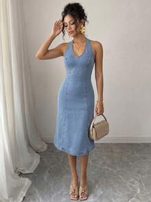 SHEIN Elenzya Đầm denim màu xanh nhạt co giãn, thanh lịch, ngọt ngào, viền ren cho bé gái - Màu xanh lam - Xem 5