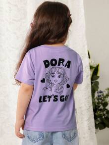 DORA | SHEIN Áo thun ngắn tay cổ tròn in họa tiết tối giản dành cho bé gái (cỡ nhỏ) - Màu tím - Xem 3