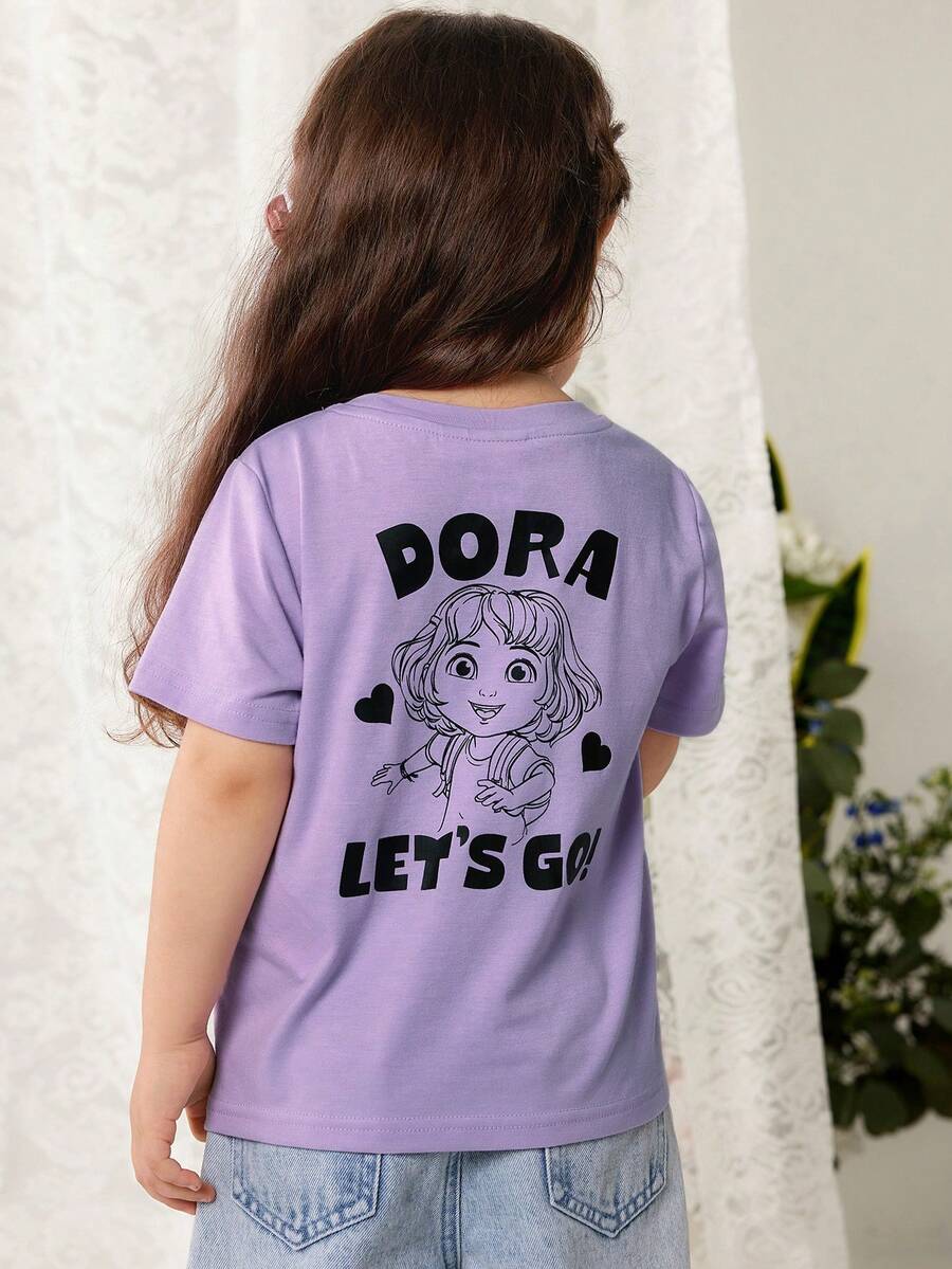 DORA | SHEIN Áo thun ngắn tay cổ tròn in họa tiết tối giản dành cho bé gái (cỡ nhỏ) - Màu tím - Xem 1