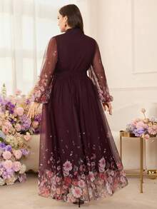 Modelyn Plus Size Women Floral Print Mesh Patchwork Waist A-Line Romantic Vacation Elegant Maxi Dress, Long Sleeve Curve Elegant Romantic Maxi Dress - Multicolor - View 2