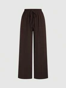 SHEIN Sweetro Y2K休闲度假风纹理面料阔腿裤 - 咖啡棕 - 查看 3