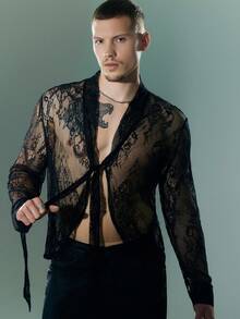 FeverCity Men's Solid Color Lace See-Through Sexy Tie Shirt - Black - View 2