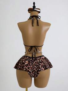Swim Mod Leopard Women Beachwear 2pcs Set,Spaghetti Strap Top And Ruffle Bikini Bottom,Black,Summer,Casual,Beach,Holiday,Vacation,Holiday Sunbathing Outfits - Multicolor - View 3