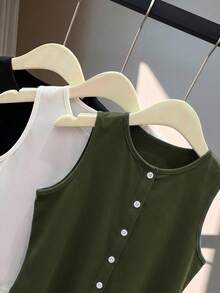 EMERY ROSE Bộ 3 áo hai dây không tay cổ tròn xẻ tà ôm sát người cài nút, màu trơn, thanh lịch dành cho nữ. - Nhiều màu - Xem 3