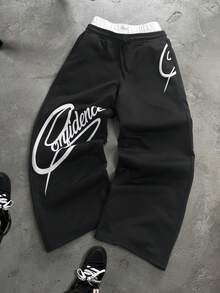 PAVTROS Pantalones de chándal con estampado de letras y cintura con contraste para hombres - Negro - Ver 4