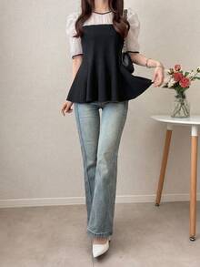 FRIFUL Women's Contrast Color Patchwork Sheer Lace Slim Fit T-Shirt, Versatile For Spring & Summer - Black - View 5