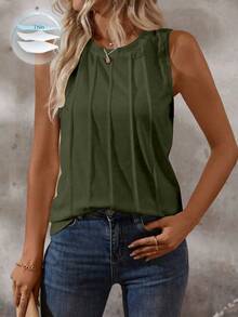 Zayélia Áo tank top nữ bằng vải cotton dệt kim cổ tròn, xếp ly, không tay, ôm sát, kiểu dáng thường ngày, đa năng, thích hợp cho mùa hè. - màu xanh lá - Xem 5