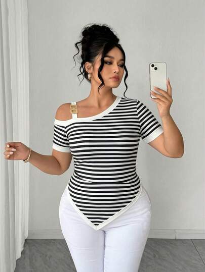 Elenzga Áo kiểu lệch vai thanh lịch, thoải mái, phối màu, khóa kim loại, dành cho người có thân hình đầy đặn.