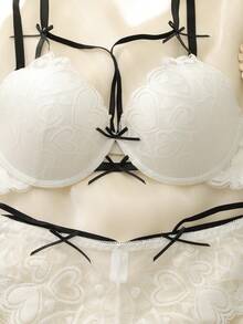 DelicateAllure 2pcs Women's Fashion Heart Lace Bow Decor Lingerie Set - White - View 8